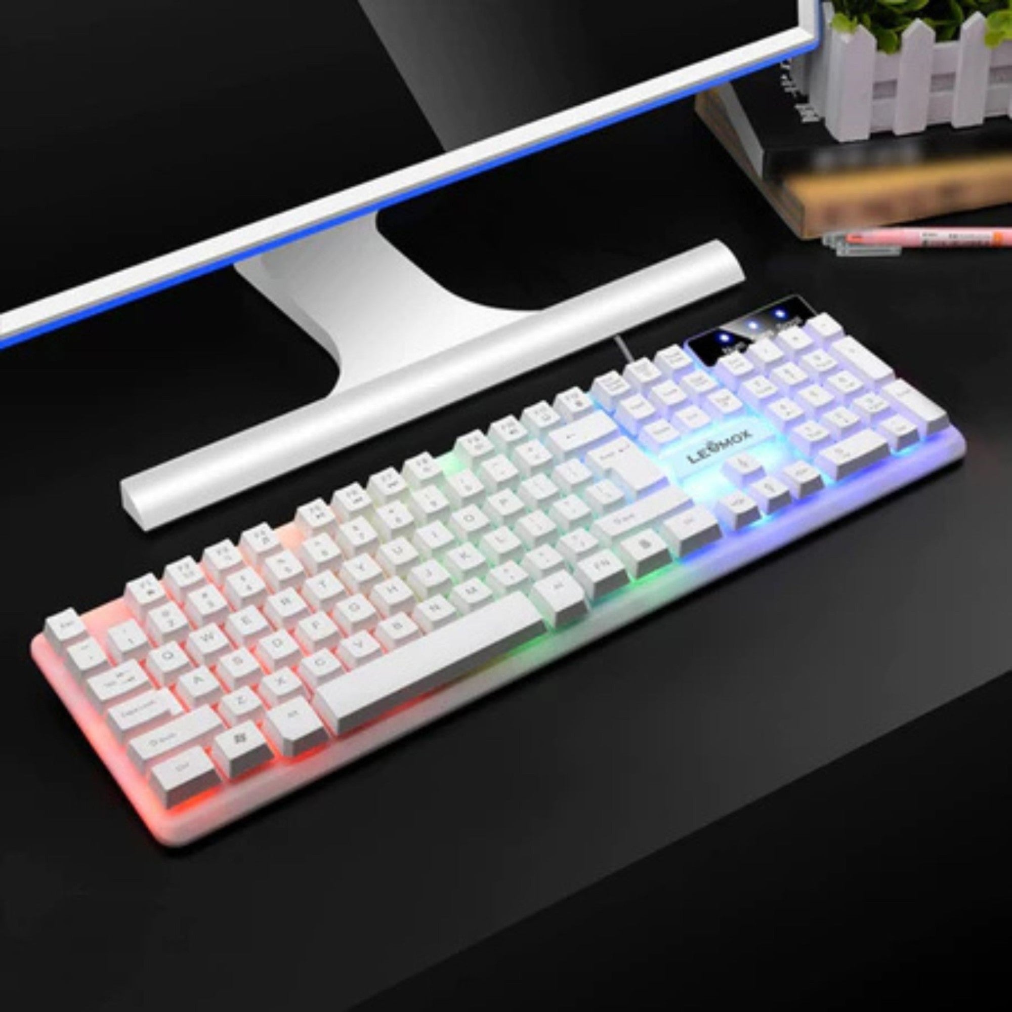 Teclado Gamer Branco com fio USB e Iluminação RGB LED Original Lehmox Modernista